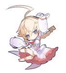  1girl ahoge akilico alternate_color bangs blazblue blonde_hair braid breasts chibi chibi_inset dress es_(xblaze) huge_ahoge jumping large_breasts long_hair lowres necktie single_braid solo xblaze xblaze_code:_embryo 