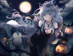  animal animal_ears bat blue_eyes breasts building city cleavage clouds dress elbow_gloves fan gloves gray_hair halloween kamui_(kamuikaoru) logo long_hair moon necklace night original penguin pumpkin signed sky watermark 