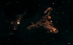  3d artist_name battleship_(eve_online) caldari_state_(eve_online) commentary dark_background electronic_warfare_ship_(eve_online) emblem english_commentary eve_online fire flying glowing highres lai_dai_corporation_(eve_online) logo military_vehicle no_humans outdoors radio_antenna realistic space spacecraft star_(sky) starry_sky_background thrusters vankaiser vehicle_focus 