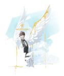  1boy absurdres angel black_hair black_shirt black_vest blending cloud cloudy_sky coat collared_shirt commentary_request day dripping falling_paper feathered_wings feet_out_of_frame halo highres kim_dokja looking_to_the_side male_focus necktie omniscient_reader's_viewpoint open_clothes open_coat outdoors sanjinmogufufu shirt short_hair sky solo star_(symbol) variant_set vest white_coat white_necktie white_wings wings yellow_blood 