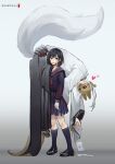  1boy 1girl absurdres black_hair black_sclera black_serafuku carrying carrying_person colored_sclera commentary_request earrings fluffy_tail fox_mask fox_mask_(silent_hill) heart heart-shaped_pupils highres japanese_clothes jewelry love_letter mask mismatched_arms monster_arm robe school_uniform serafuku shimizu_hinako siambei silent_hill_(series) silent_hill_f symbol-shaped_pupils tail tassel tassel_earrings white_hair white_robe 