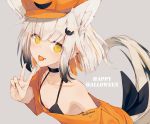  animal_ears bikini_top candy cropped fang flat_chest foxgirl gray gray_hair halloween lollipop nagishiro_mito original short_hair tail waifu2x yellow_eyes 