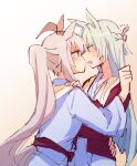  2girls alonemistrist animal_ears bathrobe blue_hair blush commentary english_commentary face-to-face fujimasa_march_(umamusume) grey_hair hair_between_eyes hand_on_another's_shoulder highres horse_ears horse_girl horse_tail imminent_kiss light_blush long_hair long_sleeves multicolored_hair multiple_girls nervous nervous_sweating notice_lines official_alternate_costume oguri_cap_(umamusume) open_mouth outline ponytail sideways_mouth simple_background spa sweat sweatdrop tail umamusume umamusume:_cinderella_gray very_long_hair white_background yuri 