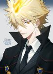  1boy 954740837 black_coat black_jacket black_neckwear blonde_hair character_name closed_mouth coat collar collared_coat collared_jacket collared_shirt fire formal grey_background high_collar jacket jewelry katekyo_hitman_reborn! looking_at_viewer male_focus necktie shirt short_hair simple_background solo striped striped_jacket suit upper_body vongola_primo white_shirt yellow_eyes 