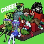  1girl 5boys 9aaaalt29 :d ^_^ ahoge andrew_graves animal_nose antenna_hair arm_support arm_up bare_arms bare_legs barefoot basil_(headspace)_(omori) basil_(omori) bear_boy black_eyes black_hair black_sleeves black_sweater blue_flower blue_hair blue_overalls blue_rose bright_pupils brown_hair brown_pants buck_teeth can character_request closed_eyes closed_mouth color_connection colored_skin commentary copyright_request couch creature creeper crossover deltarune diamond_(gemstone) double-parted_bangs drink_can edd_(eddsworld) eddsworld fang flippy_(happy_tree_friends) flower flower_wreath full_body furry furry_male glasses goat_boy green-framed_eyewear green_background green_eyes green_hair green_hat green_hoodie green_robe green_shirt green_shoes green_shorts green_skin grin hair_behind_ear hair_between_eyes hair_flower hair_ornament happy_tree_friends hat head_wreath highres holding holding_can hood hood_down hoodie horns knees_together_feet_apart long_hair long_hair_between_eyes long_sleeves looking_at_another looking_at_viewer lying minecraft multiple_boys multiple_crossover omori on_back on_couch orange_flower overall_shorts overalls pants pickaxe pink_flower pink_horns pink_rose pixel_art puffy_long_sleeves puffy_sleeves purple_flower purple_rose ralsei red_flower red_scarf robe rose round_eyewear scarf semi-rimless_eyewear shirt shoes short_hair short_sleeves shorts simple_background sitting skin_fang smile soda_can solid_oval_eyes sweater symbol-only_commentary teeth the_coffin_of_andy_and_leyley utdr_(toby_fox) very_long_hair very_short_hair w white_fur white_pupils white_skin 