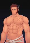  1boy abs absurdres bandages bara beard biceps blue_eyes brown_hair censored chest facial_hair fate/grand_order fate_(series) glaring halloween_costume highres looking_at_viewer male_focus mikicat0824 muscle napoleon_bonaparte_(fate/grand_order) navel nipples nude open_clothes pectorals scar simple_background sky solo standing veins 