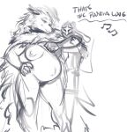 2025 anthro areola arm_around_neck biped blaidd_(elden_ring) breasts canid canine canis cloak_only crossgender digital_media_(artwork) duo elden_ring english_text female female_anthro fromsoftware hi_res human human_on_anthro interspecies male male/female mammal mtf_crossgender nipples pregnant pregnant_anthro pregnant_female sabrotiger simple_background sketch smile smiling_at_another tarnished_(elden_ring) text white_background wolf