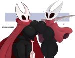  arthropod big_breasts black_body black_skin blush breast_squish breasts cloak clothing collaboration duo featureless featureless_breasts female hand_on_hip hollow_knight hornet_(hollow_knight) insect kilinah melee_weapon signature squish thegentlebro thick_thighs weapon 