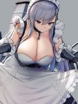  1girl apron arm_guards azur_lane bangs belfast_(azur_lane) blue_eyes blush braid breasts cannon chain cleavage collar collarbone curtsey dress eyebrows_visible_through_hair french_braid frills gloves grey_background highres large_breasts leaning_forward long_hair looking_at_viewer maid maid_headdress oekakizuki rigging silver_hair simple_background skirt_hold smile solo white_gloves 
