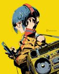  1girl bag bangs blue_hair blunt_bangs boku_no_hero_academia boombox cellphone clonion glasses hand_on_headphones headphones highres instagram_username jacket jirou_kyouka looking_at_viewer looking_to_the_side nail_polish phone profile radio red_nails short_hair shoulder_bag simple_background smartphone solo upper_body yellow_background zipper 
