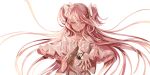  1girl absurdly_long_hair breasts choker clenched_hand collarbone dark_orb_(madoka_magica) dress expressionless eyebrows_visible_through_hair floating_hair frilled_sleeves frills gloves glowing hair_between_eyes hair_ribbon half-closed_eyes hand_on_own_chest hand_up kaname_madoka long_hair looking_down mahou_shoujo_madoka_magica mahou_shoujo_madoka_magica_movie palms parted_lips pink_hair pink_theme ribbon sidelocks simple_background small_breasts solo sparkle spoilers straight_hair two_side_up ultimate_madoka upper_body very_long_hair white_background white_choker white_dress white_gloves white_ribbon wide_sleeves wttwj yellow_eyes 