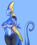  2019 alyrise anthro big_breasts blue_background blush breasts clothed clothing eyelashes fak&eacute;mon female half-closed_eyes hand_in_pants huge_breasts intelleon masturbation nintendo nipple_slip pok&eacute;mon reptile scalie simple_background slit_pupils solo unknown_pok&eacute;mon video_games wide_hips yellow_eyes 