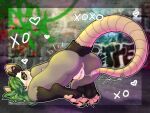 4:3 american_opossum anthro anus blush bodily_fluids border butt claws female genital_fluids graffiti green_eyes green_hair hair heart_symbol hi_res juno_(licibun) licibun mammal marsupial masturbation outside outside_masturbation presenting presenting_hindquarters signature solo tail tail_fetish tail_masturbation tail_play vaginal vaginal_fluids virginia_opossum xoxo