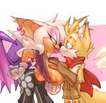  2_tails big_breasts bigdad blush bottomwear breasts canid canine chiropteran clothing female fox gloves grope hair hair_over_eye hand_on_breast handwear male mammal midriff miles_prower multi_tail nipples rouge_the_bat scarf shorts sonic_(series) wings 