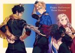  1girl 2boys animal_ears antlers black_wings blonde_hair blue_cape blue_eyes brown_hair cape claude_von_riegan copyright_name dark_skin dark_skinned_male deer_ears deer_tail dimitri_alexandre_blaiddyd edelgard_von_hresvelg feathered_wings fire_emblem fire_emblem:_three_houses from_behind garreg_mach_monastery_uniform gloves green_eyes hair_ribbon happy_halloween long_sleeves multiple_boys parted_lips purple_eyes red_cape ribbon short_hair simple_background twitter_username uniform watermark web_address white_gloves wings yanagiba_kiriko 