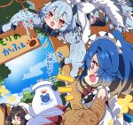  3girls :d alternate_costume apron arzuros black_dress black_hair black_thighhighs blue_hair blue_sky blush brown_hair chibi closed_mouth cloud commentary_request cup day dress enmaided fang gradient_hair grey_hair hair_between_eyes highres holding holding_tray maid maid_apron maid_headdress milkpanda monster_hunter_(series) multicolored_hair multiple_girls notice_lines outdoors personification profile rajang red_eyes short_eyebrows sign sky smile teacup teapot thick_eyebrows thighhighs tobi-kadachi translation_request tray white_apron 