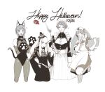  4girls animal_ears belt bow cat_ears cat_paws cat_tail clipboard closed_mouth fake_animal_ears fake_tail fire_emblem fire_emblem:_three_houses greyscale halloween happy_halloween hat highres hilda_valentine_goneril holding holding_wand krazehkai leonie_pinelli long_hair long_sleeves lysithea_von_ordelia maid maid_headdress marianne_von_edmund monochrome multiple_girls nurse_cap one_eye_closed open_mouth paws short_hair simple_background tail twintails wand white_background wide_sleeves witch_hat 