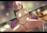  1girl areola_slip areolae bikini breasts breasts_apart cameltoe candle fat_mons fate/grand_order fate_(series) hair_over_one_eye halloween highres indoors jack-o&#039;-lantern large_breasts mash_kyrielight micro_bikini navel on_bed oz_(user_zakk5472) pumpkin purple_eyes purple_hair short_hair smile solo spread_legs stomach sweat swimsuit 