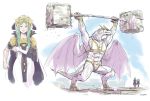  1boy 2girls artist_name commentary dragon dragon_horns dragon_wings dress fire_emblem fire_emblem:_three_houses flayn_(fire_emblem) green_eyes green_hair headdress highres horns lifting long_hair looking_at_viewer multiple_girls muscle muscular_female rhea_(fire_emblem) ring_fit_adventure seteth_(fire_emblem) short_hair sleeve_rolled_up spoilers sports_bra stup-jam the_immaculate_one weightlifting weights white_dress wings 