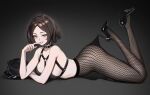 1girl black_hat black_shoes breasts bright_pupils choker commentary fishnet_pantyhose fishnets hat high_heels highres lace_pantyhose_hooked_on_heel_(meme) lips meme o-ring o-ring_choker original pantyhose sakichka shadow shoes short_hair smile solo twitter_username unworn_hat unworn_headwear white_pupils yellow_eyes 