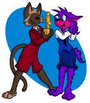 2025 3_toes 4_fingers award barefoot black_eyes black_necktie black_nose blue_bottomwear blue_clothing blue_skirt blue_topwear blue_vest bottomwear burgundy_suit business_suit canid canine closed_smile clothing david_hopkins domestic_cat duo eyes_closed feet felid feline felis female fingers fur hi_res hybrid jamila_chanthara mammal mouth_closed necktie open_mouth open_smile pattern_necktie pink_body pink_fur plantigrade purple_body purple_feet purple_fur sepka sepka_hadley shirt siamese skirt smile striped_necktie suit toes topwear unknown_species vest white_clothing white_shirt white_topwear