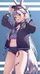  1girl :d absurdres alternate_costume animal_ears azur_lane black_jacket black_shorts blush breasts casual cleavage commentary_request crop_top eyeshadow groin hair_between_eyes hair_ornament hands_up highres jacket long_hair makeup micro_shorts navel open_clothes open_jacket rabbit_ears rabbit_girl rabbit_hair_ornament red_eyeshadow shimakaze_(azur_lane) shorts small_breasts smile solo stomach thighs umyonge_(lkakeu) very_long_hair visor_cap white_hair yellow_eyes 