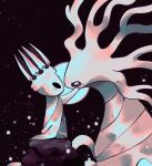  1boy 1girl arthropod_boy black_eyes blank_eyes colored_skin commentary crown english_commentary hands_on_another's_face highres hollow_eyes hollow_knight horned_mask horns jchococher35340 looking_at_another mask pale_king_(hollow_knight) robe standing wavy_hair white_lady_(hollow_knight) white_mask white_robe white_skin 