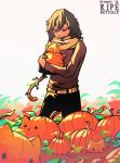  black_hair day detailed_background domestic_cat felid feline felis food fruit hair hi_res human mammal neytirix outside plant pumpkin smile 