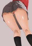  1girl ass bar_censor black_socks censored clothes_lift commentary_request cum cum_in_pussy cumdrip facing_away from_behind grey_background grey_skirt highres kneepits lycoris_recoil lycoris_uniform miniskirt niaru_(r2pi) nishikigi_chisato pleated_skirt pussy simple_background skirt skirt_lift socks solo 
