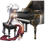  1girl bangs breasts choker cleavage closed_mouth collarbone dress full_body hair_between_eyes hair_ornament high_ponytail highres instrument langrisser langrisser_iii large_breasts long_hair looking_at_viewer luna_(langrisser) musical_note_hair_ornament official_art piano red_choker red_eyes sideboob silver_hair sitting sleeveless sleeveless_dress solo transparent_background very_long_hair white_dress white_footwear 