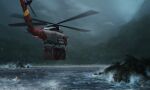  aircraft breaking_wave buoy crate edouard_groult fern fog helicopter highres island jungle jurassic_park nature no_humans rock vehicle_request waves 