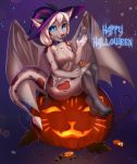  2019 3_toes 4_fingers anthro areola breasts digital_media_(artwork) dragon feliciacat female fingers hair halloween hi_res holidays horn jack-o&#039;-lantern membrane_(anatomy) membranous_wings nipples non-mammal_breasts solo toes wings 
