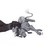  2boys armor belt bracelet closed_eyes closed_mouth cloud_strife commentary cowboy_shot english_commentary final_fantasy final_fantasy_vii final_fantasy_vii_remake fire flame-tipped_tail from_side full_body gloves greyscale jen_bartel jewelry leaning_on_animal lying male_focus monochrome multiple_belts multiple_boys on_back on_side profile red_xiii short_hair shoulder_armor shoulder_tattoo signature sleeping sleeveless sleeveless_turtleneck spiked_hair sweater tail tattoo turtleneck turtleneck_sweater white_background 