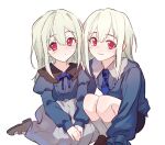  2girls :3 bang_dream! bang_dream!_it's_mygo!!!!! blue_necktie blue_shirt blush chinese_commentary commentary_request green_hair grey_skirt hair_between_eyes hero45439083942 highres long_hair long_sleeves looking_at_viewer multiple_girls necktie original red_eyes shirt siblings simple_background sisters skirt socks squatting twins wakaba_ameha wakaba_wakaho white_background white_socks 