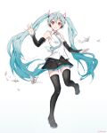  1girl absurdres aqua_eyes aqua_hair aqua_necktie armpits artist_name black_boots black_skirt black_sleeves blush boots closed_mouth collared_shirt commentary detached_sleeves full_body gradient_background hatsune_miku hatsune_miku_(vocaloid4) highres long_hair long_sleeves necktie origami paper_crane recluseying39 shirt skirt sleeveless sleeveless_shirt smile solo symbol-only_commentary thigh_boots twintails v4x very_long_hair vocaloid white_shirt 