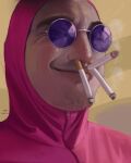  1boy absurdres artist_name bodysuit cigarette_in_nose commentary english_commentary facial_hair glasses goatee_stubble grin highres hood hooded_bodysuit kamikaze_mika male_focus pink_bodysuit pink_guy purple-tinted_eyewear round_eyewear smile solo stubble tinted_eyewear tvfilthyfrank unlit_cigarette_in_mouth zipper 