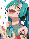  1girl 2019 aqua_hair aqua_neckwear bare_shoulders black_sleeves closed_eyes commentary confetti detached_sleeves facing_up grey_shirt hair_ornament hands_up happy happy_birthday hatsune_miku headphones headset iihoneikotu long_hair necktie open_mouth shirt shoulder_tattoo sleeveless sleeveless_shirt smile solo tattoo twintails upper_body very_long_hair vocaloid 