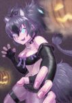  animal_ears cerberus_(kemono_friends) collar commentary dog_ears dog_tail fangs fingerless_gloves gloves highres jack-o&#039;-lantern kemono_friends kishida_shiki long_hair short_shorts shorts spiked_collar spikes strapless tail tubetop 