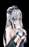  1girl absurdres anparu bangs bare_shoulders black_background blush breasts cleavage eyebrows_visible_through_hair facial_mark girls_frontline gloves green_eyes hair_ornament hat highres hk416_(girls_frontline) long_hair looking_at_viewer mod3_(girls_frontline) silver_hair simple_background solo tears underboob white_gloves 
