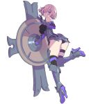  1girl absurdres armor armored_boots armored_dress boots fate/grand_order fate_(series) hair_over_one_eye head_tilt highres leg_lift looking_back mash_kyrielight pink_eyes pink_hair shield short_hair simple_background solo thigh_boots thighhighs white_background yamashita_shun&#039;ya 
