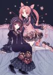  2girls alternate_costume bishoujo_senshi_sailor_moon black_boots black_dress black_hair black_shirt blunt_bangs boots chibi_usa collared_dress commentary_request cone_hair_bun couch double_bun dress drill_hair floral_print floral_print_dress frilled_dress frilled_sleeves frilled_socks frills hair_bun hair_ribbon hairband highres juliet_sleeves kneehighs kneeling lace-trimmed_dress lace-trimmed_shirt lace_trim lolita_hairband long_dress long_hair long_sleeves looking_at_viewer multiple_girls on_couch pink_dress pink_hair pink_shoes platform_heels print_dress puffy_sleeves purple_eyes purple_nails purple_ribbon ribbon sailor_collar shirt shoes short_dress short_hair sitting sleeveless sleeveless_dress smile socks spiked_shoes spikes star_(symbol) tomoe_hotaru twin_drills twintails undershirt white_socks wide_sleeves yuuinami 