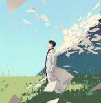  1boy black_hair black_shirt blue_sky clear_sky coat collared_shirt commentary_request day fake_wings flying_paper from_side full_body hands_in_pockets highres kim_dokja male_focus mountainous_horizon omniscient_reader's_viewpoint open_clothes open_coat paper sanjinmogufufu shirt short_hair sky solo standing white_coat wind wings 