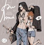  1boy 1girl barefoot black_coat black_hair blue_pants blue_shorts blush bracelet breasts brown_eyes character_name chest_tattoo coat coat_on_head collarbone commentary_request denim earrings feet_out_of_frame foot_out_of_frame hand_on_another's_chest hand_tattoo hat heart_pirates_jolly_roger height_difference holding holding_sandals holding_sword holding_weapon improvised_umbrella jeans jewelry large_breasts leg_up long_hair nami_(one_piece) one_piece open_mouth orange_hair pants pearl_earrings pectorals puff_of_air rain sandals shared_improvised_umbrella sheath sheathed shirt short_shorts shorts spoken_squiggle squiggle stomach sword tattoo topless_male trafalgar_law twitter_username unworn_sandals weapon wet wet_clothes wet_hair white_hat white_shirt yum_xoxo_yum 
