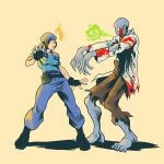  1girl absurdres beret black_gloves blood blue_eyes blue_hat blue_pants blue_shirt brown_hair fingerless_gloves gloves hat highres jill_valentine marvel_vs._capcom marvel_vs._capcom_2 mcduckillustration open_mouth pants resident_evil resident_evil_1 shirt shoulder_pads simple_background torn_clothes zombie 