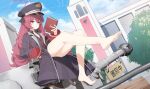  1girl barefoot black_hat black_jacket black_shirt black_skirt blue_archive blue_sky book building closed_mouth cloud collared_shirt commentary_request day feet grey_eyes hand_up hat holding holding_book iroha_(blue_archive) jacket kagemoe1003 legs long_hair long_sleeves military_vehicle motor_vehicle necktie on_tank open_clothes open_jacket outdoors peaked_cap red_hair red_necktie shirt sitting skirt sky sleeves_past_wrists soles solo tank tiger_i toes tower very_long_hair 