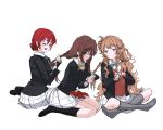  3girls adjusting_another's_hair alternate_hairstyle bananahaemeog black_jacket blue_eyes bow braid braiding_another's_hair braiding_hair brown_hair commentary_request emma_verde hairdressing jacket kneehighs konoe_kanata long_sleeves love_live! love_live!_nijigasaki_high_school_idol_club multiple_braids multiple_girls orange_hair osaka_shizuku plaid_clothes plaid_skirt pleated_skirt purple_eyes red_bow red_hair simple_background sitting skirt socks unworn_bow white_background white_skirt winter_shirt winter_uniform 
