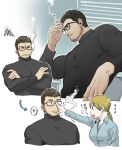  1boy 1girl beard_stubble black_hair blonde_hair blue_shirt chris_redfield cigarette collared_shirt commentary_request facial_hair glasses highres holding holding_cigarette jill_valentine low_ponytail ponytail resident_evil resident_evil_village shirt smoking stubble t_(t345678912) 