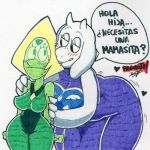  1:1 alien anthro blonde_hair blush bodily_fluids boss_monster bovid breasts caprine cartoon_network clothed clothing crossover dialogue duo female fur gem_(species) green_body green_skin hair half-closed_eyes horn humanoid mammal parasitedeath peridot_(steven_universe) seductive spanish_text speech_bubble steven_universe sweat text thick_thighs toriel translated undertale video_games white_body white_fur wide_hips 