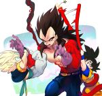  black_hair blue_eyes blue_sash dougi dragon_ball dragon_ball_daima dragon_ball_gt dragon_ball_z gloves gotenks long_hair male_focus metamoran_vest monkey_boy monkey_tail multiple_boys muscular muscular_male ommmyoh open_mouth pants red_fur ruyi_jingu_bang saiyan sash son_goku spiked_hair super_saiyan super_saiyan_1 super_saiyan_4 tail twitter_username vegeta 