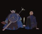  1boy 1girl armor black_background black_cape blue_surcoat brother_and_sister cape commentary duchess_(elden_ring) elden_ring elden_ring_nightreign english_commentary gloves hair_ornament hairpin helmet rimyzipel scale_armor shield shield_on_back siblings side_cape sitting sword sword_on_back weapon weapon_on_back winged_helmet wylder_(elden_ring) 